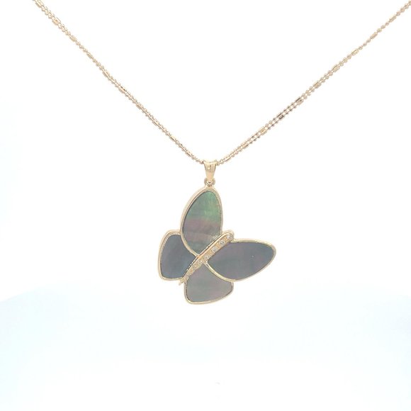 Jewelry - 18K Mother of Pearl & Diamond Butterfly Pendant Necklace